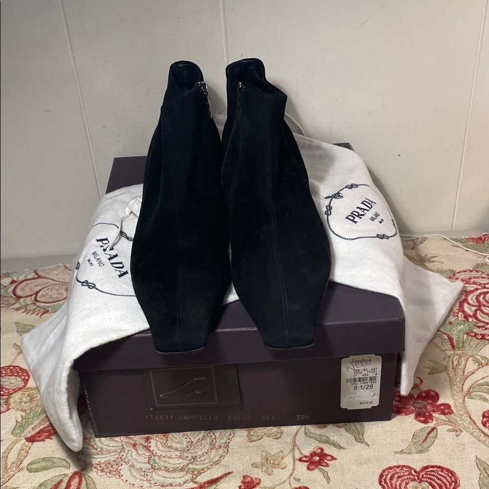 Prada Sleek Black Suede Kitten Heel Semi Square Ankle Booties Bags & Box